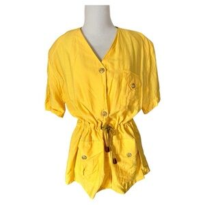 80s Yellow Oversized double pocket gold chunky button up short sleeve jacket